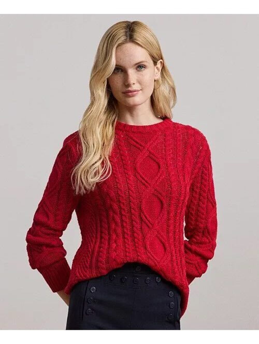 lauren ralph lauren Aran-Knit Cotton-Blend Crewneck Sweater